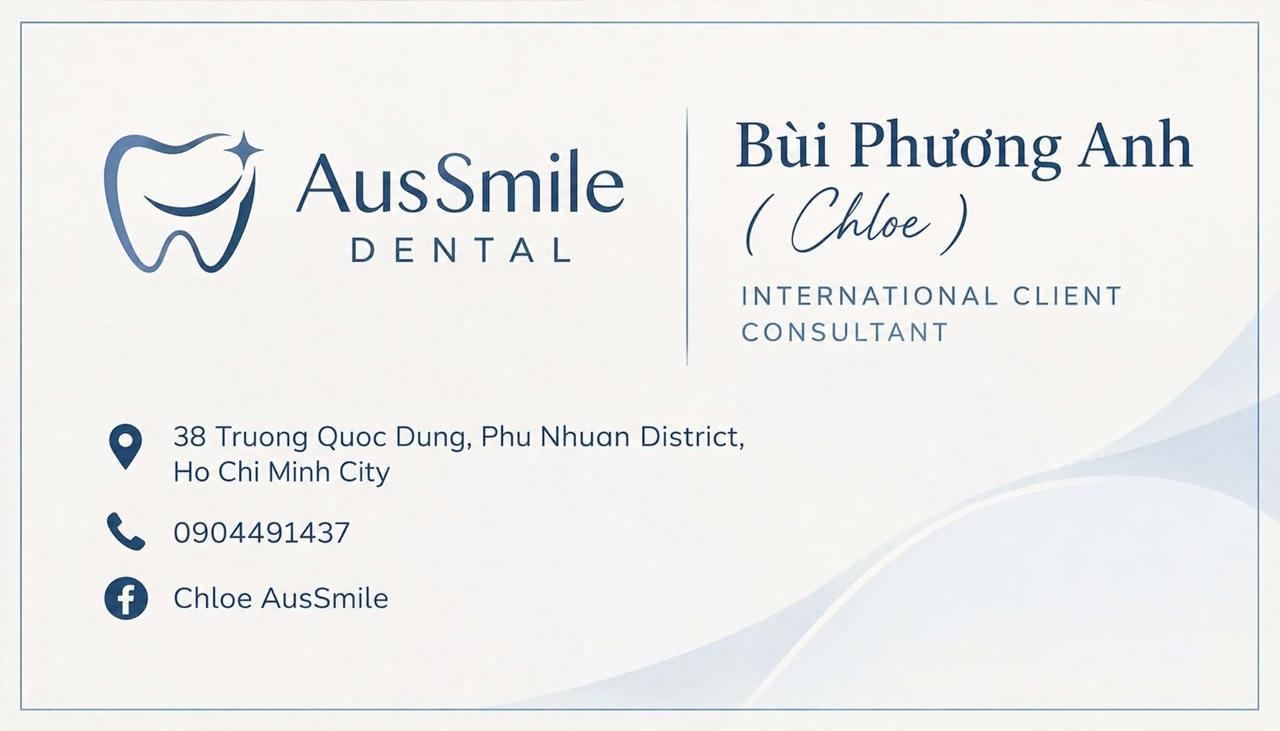 Business card of Bùi Phương Anh (Chloe), International Client Consultant at AusSmile Dental, phone 0904491437